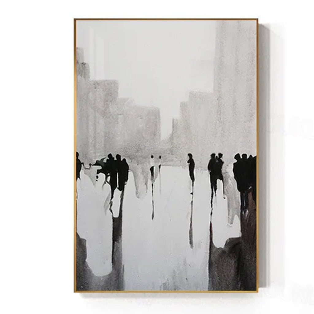 Black and White Cityscape Abstract Painting – Vertical Modern Wall Art for Minimalist Decor