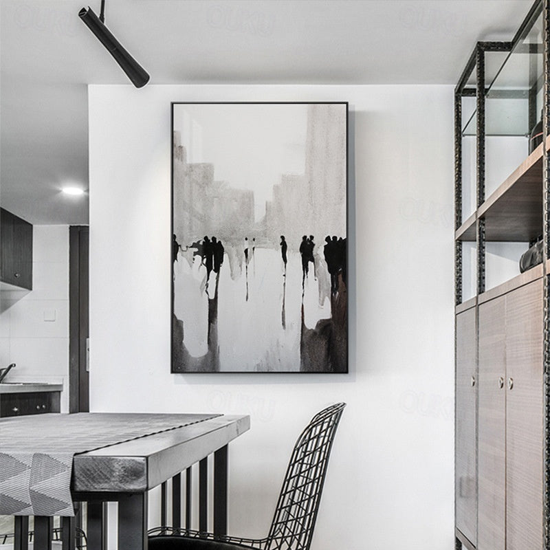 Black and White Cityscape Abstract Painting – Vertical Modern Wall Art for Minimalist Decor