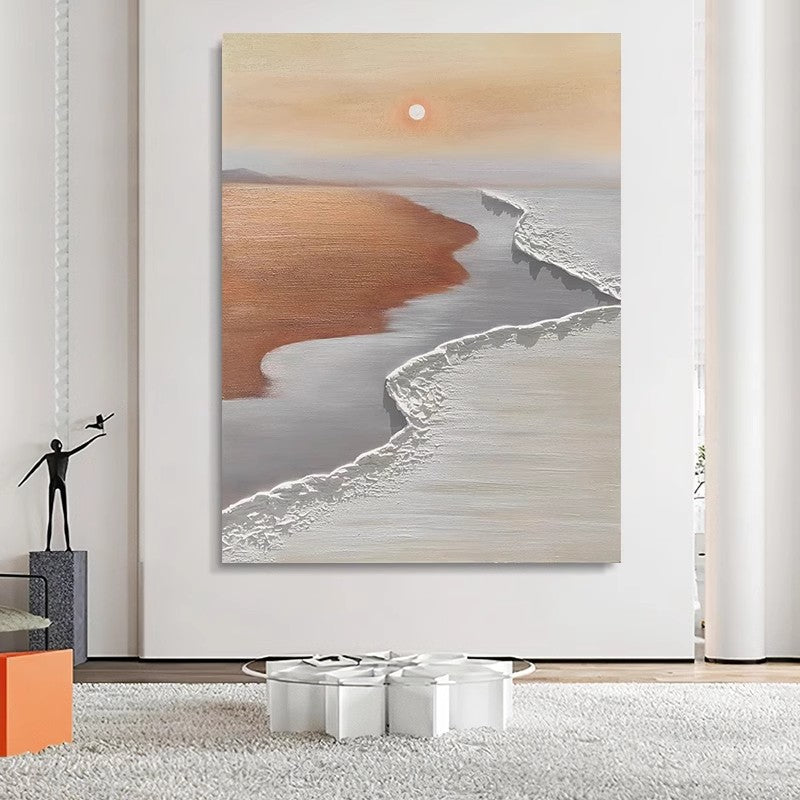 Textured Coastal Sunset Oil Painting - Neutral Toned Seaside Landscape 3D Wave Contemporary art for Home Deco