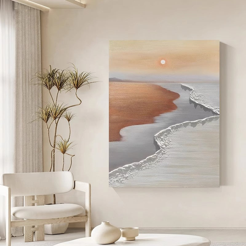 Textured Coastal Sunset Oil Painting - Neutral Toned Seaside Landscape 3D Wave Contemporary art for Home Deco