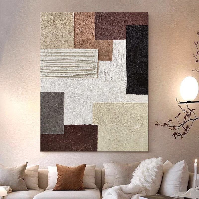 Abstract Geometric Textured Wall Art - Neutral Tones 3D Relief Painting for Home Decoration