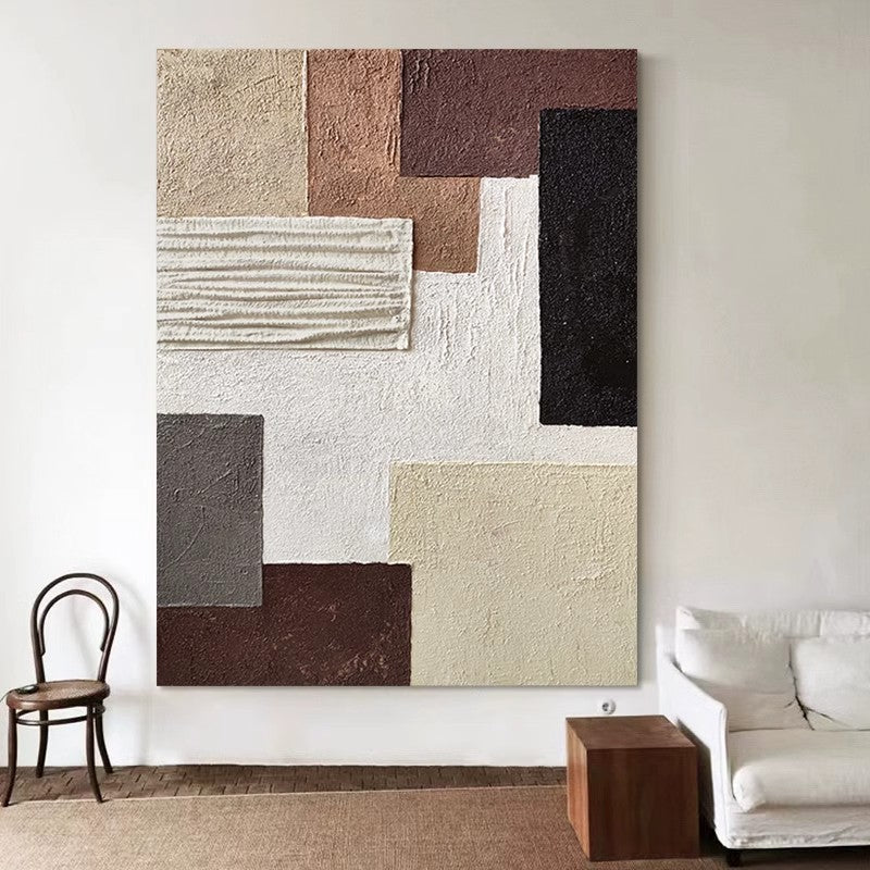 Abstract Geometric Textured Wall Art - Neutral Tones 3D Relief Painting for Home Decoration