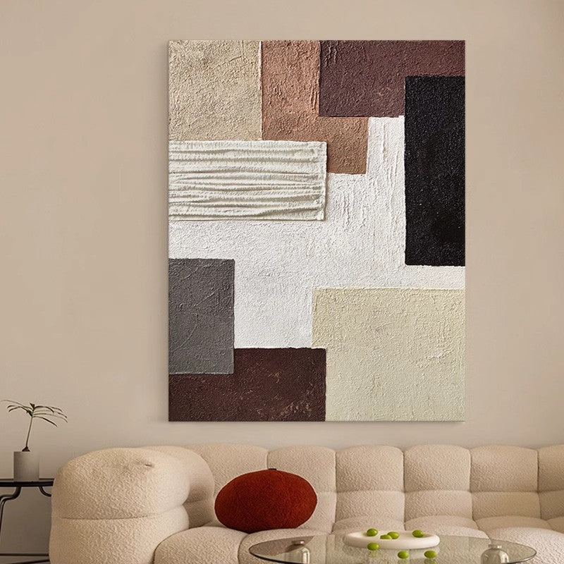 Abstract Geometric Textured Wall Art - Neutral Tones 3D Relief Painting for Home Decoration