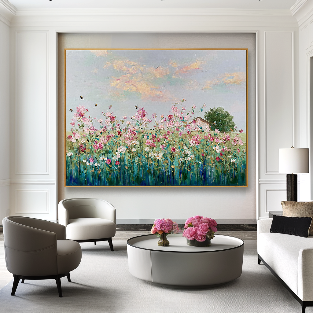 Floral Bliss – Hand-painted Textured Oil Painting, Vibrant Flower Garden with Bees