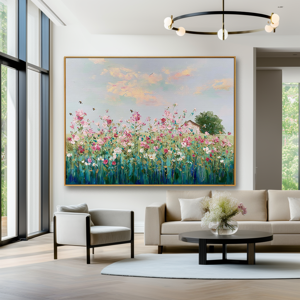 Floral Bliss – Hand-painted Textured Oil Painting, Vibrant Flower Garden with Bees