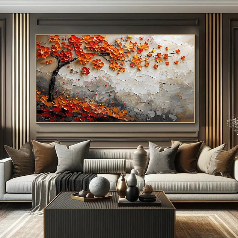 Autumn Serenade-Textured Fall Tree Oil Painting on Canvas for Luxury Decor