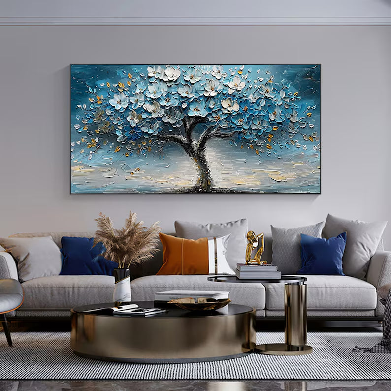Azure Blossom Tree- 3D Textured Blue Gold Tree Paintting, Modern Framed Art for Home Decor