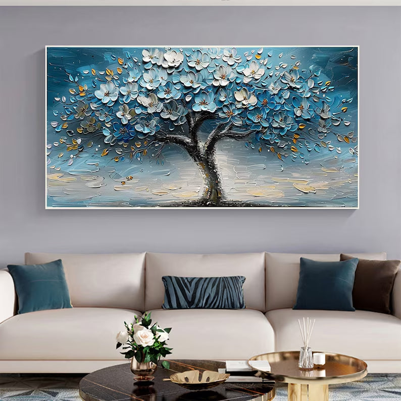 Azure Blossom Tree- 3D Textured Blue Gold Tree Paintting, Modern Framed Art for Home Decor