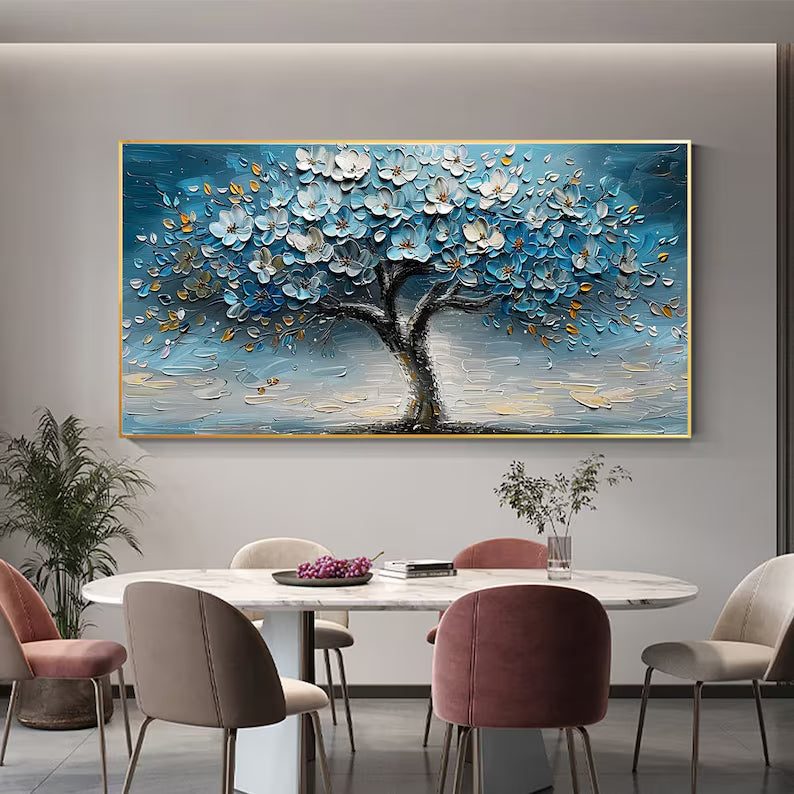 Azure Blossom Tree- 3D Textured Blue Gold Tree Paintting, Modern Framed Art for Home Decor