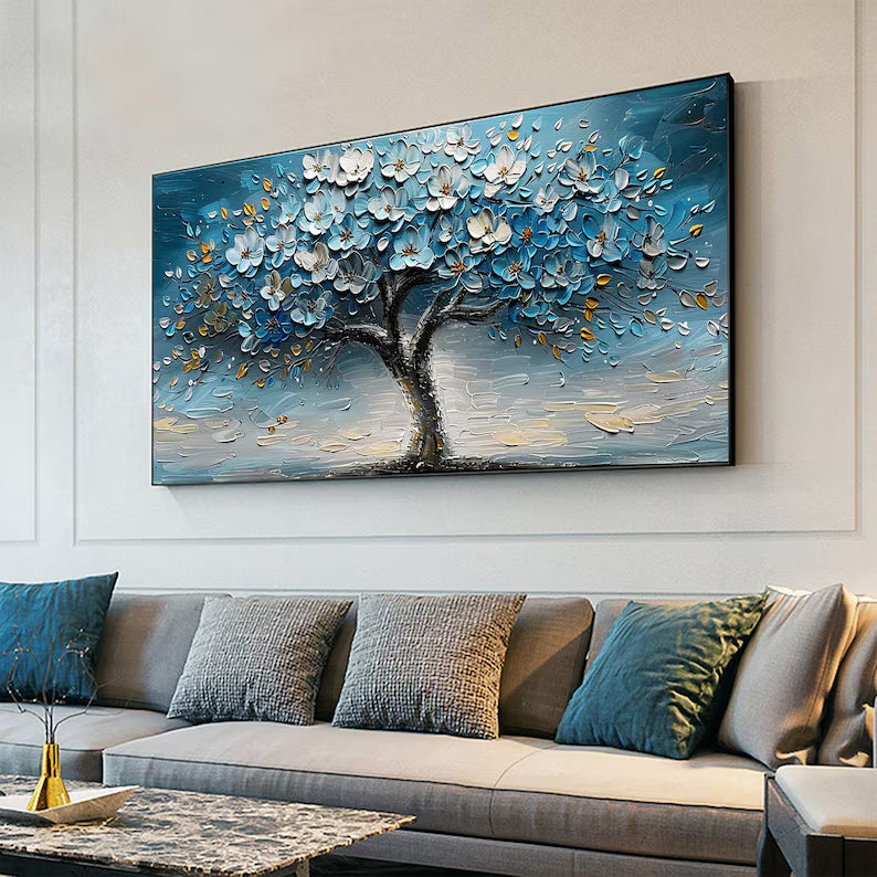 Azure Blossom Tree- 3D Textured Blue Gold Tree Paintting, Modern Framed Art for Home Decor
