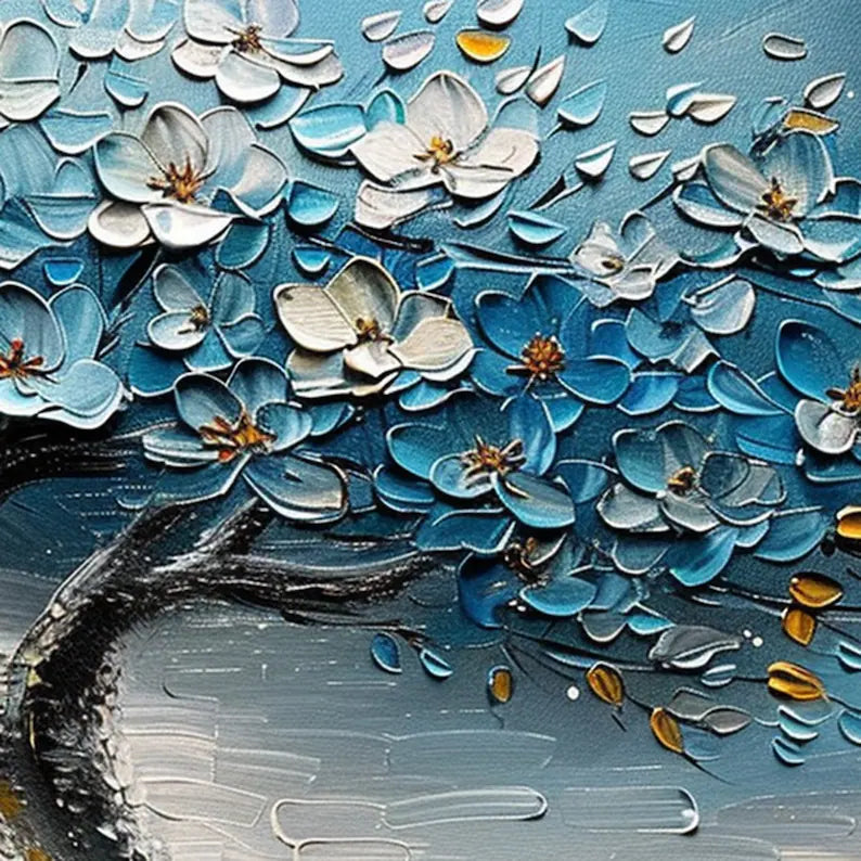 Azure Blossom Tree- 3D Textured Blue Gold Tree Paintting, Modern Framed Art for Home Decor
