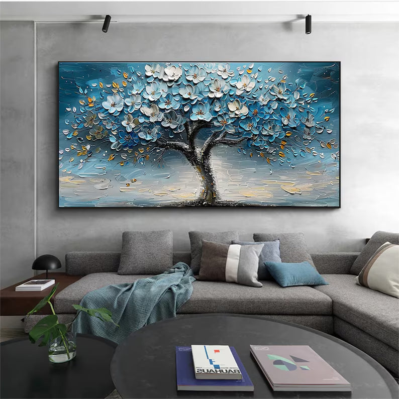 Azure Blossom Tree- 3D Textured Blue Gold Tree Paintting, Modern Framed Art for Home Decor