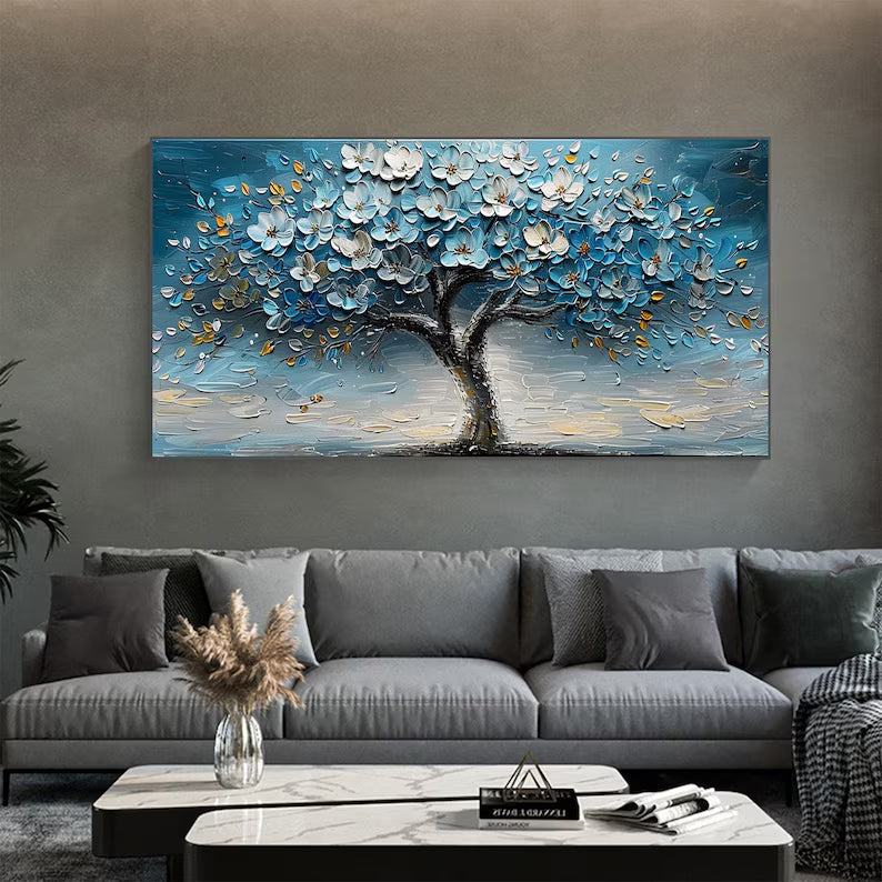 Azure Blossom Tree- 3D Textured Blue Gold Tree Paintting, Modern Framed Art for Home Decor