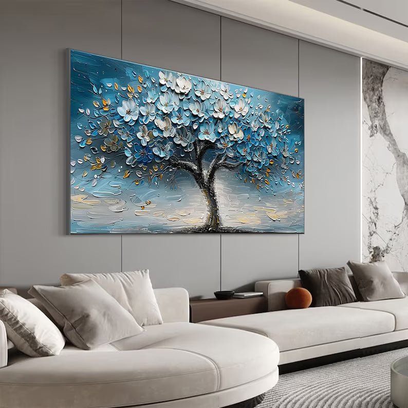 Azure Blossom Tree- 3D Textured Blue Gold Tree Paintting, Modern Framed Art for Home Decor