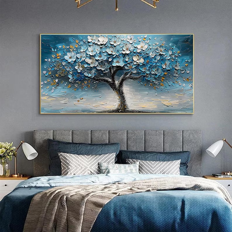 Azure Blossom Tree- 3D Textured Blue Gold Tree Paintting, Modern Framed Art for Home Decor