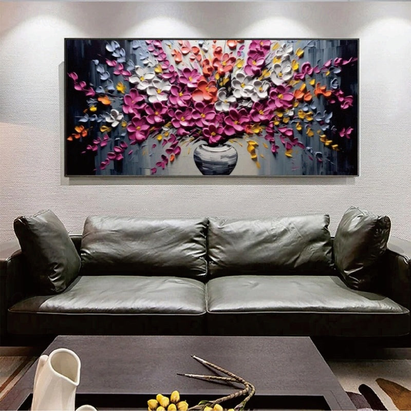 Blooming Melody-Impasto Colorful Flower Bouquet in Vase Oil Painting, Vibrant Floral Wall Art for Home Decoration