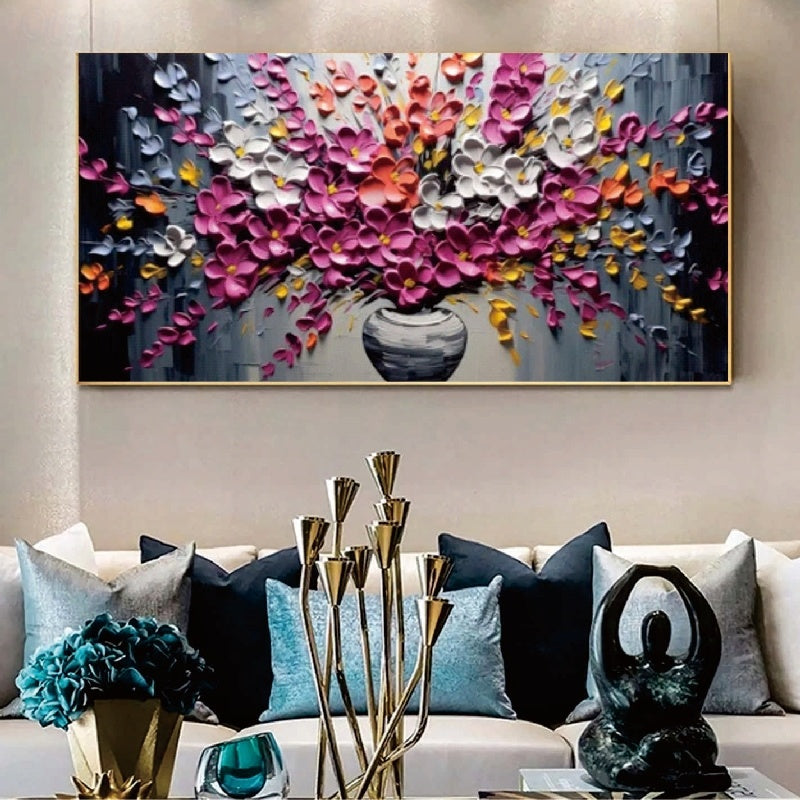 Blooming Melody-Impasto Colorful Flower Bouquet in Vase Oil Painting, Vibrant Floral Wall Art for Home Decoration