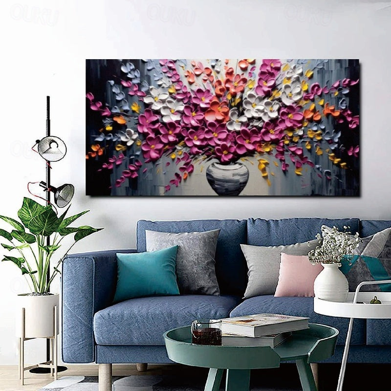 Blooming Melody-Impasto Colorful Flower Bouquet in Vase Oil Painting, Vibrant Floral Wall Art for Home Decoration