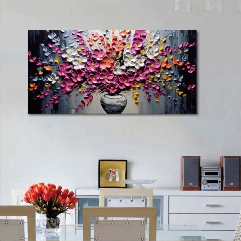 Blooming Melody-Impasto Colorful Flower Bouquet in Vase Oil Painting, Vibrant Floral Wall Art for Home Decoration