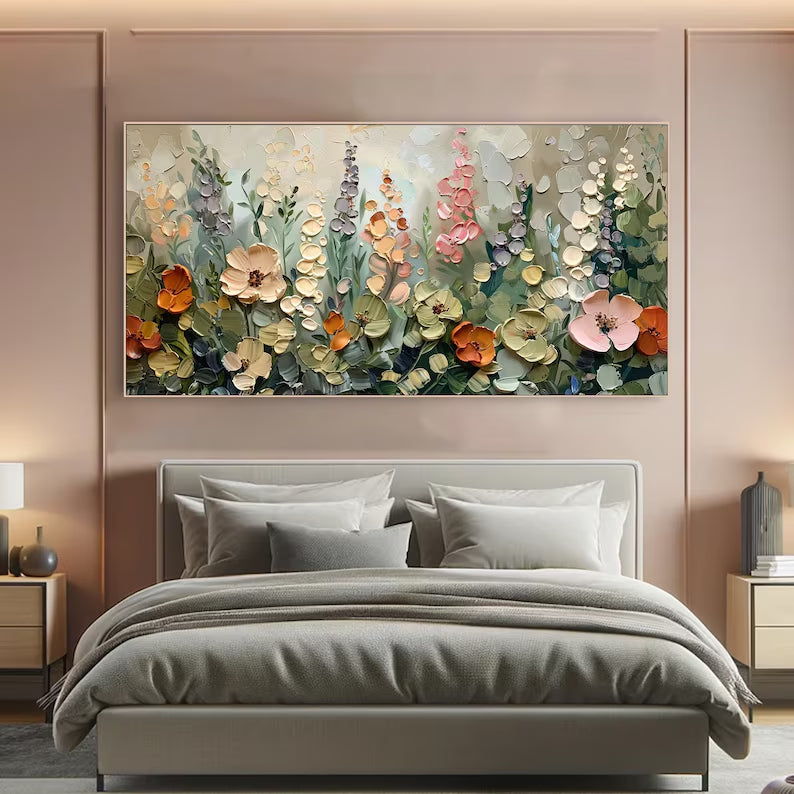 Garden Symphony – Textured Floral Modern Oil Painting, Blooming Flowers Wall Art for Home Decoration