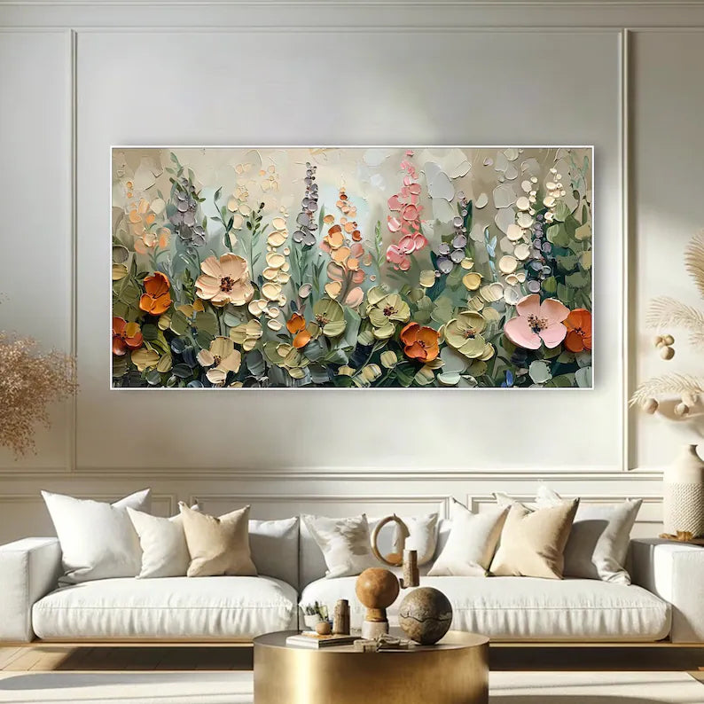 Garden Symphony – Textured Floral Modern Oil Painting, Blooming Flowers Wall Art for Home Decoration