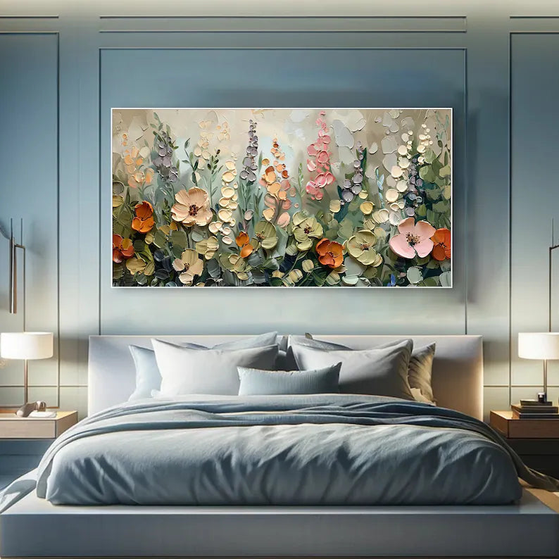 Garden Symphony – Textured Floral Modern Oil Painting, Blooming Flowers Wall Art for Home Decoration