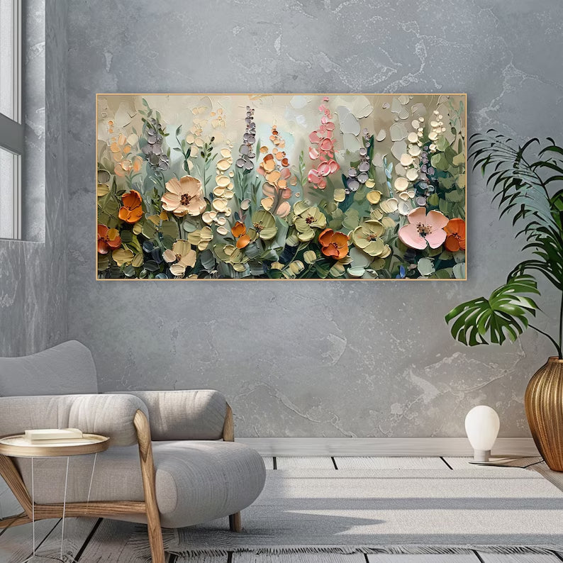 Garden Symphony – Textured Floral Modern Oil Painting, Blooming Flowers Wall Art for Home Decoration