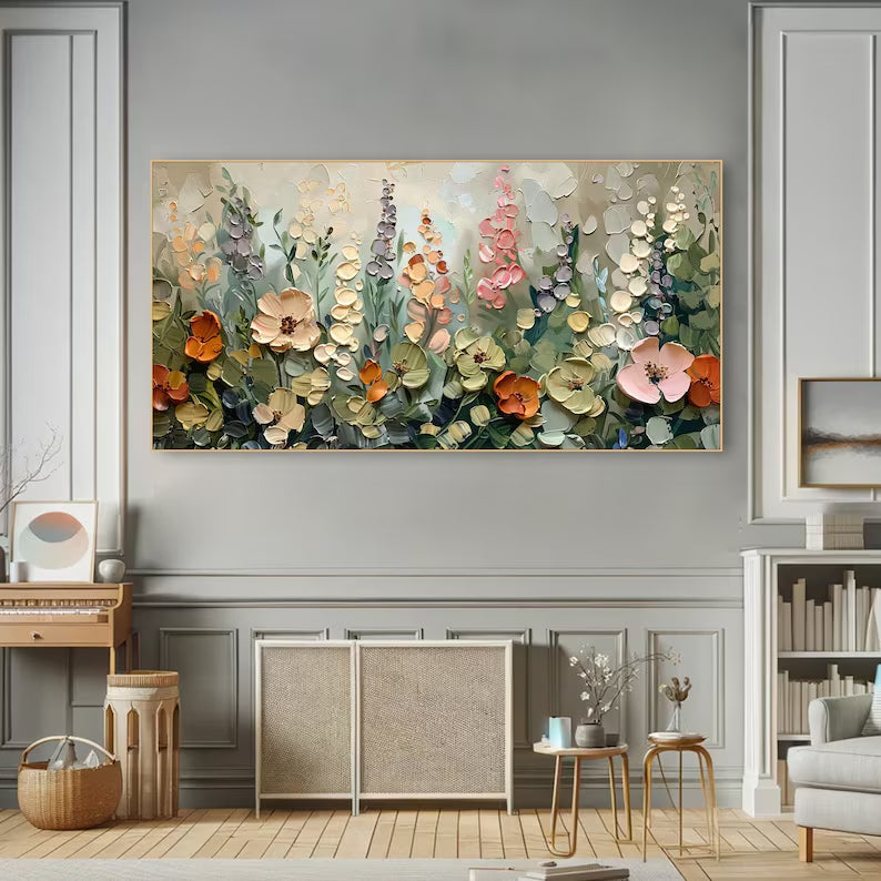 Garden Symphony – Textured Floral Modern Oil Painting, Blooming Flowers Wall Art for Home Decoration