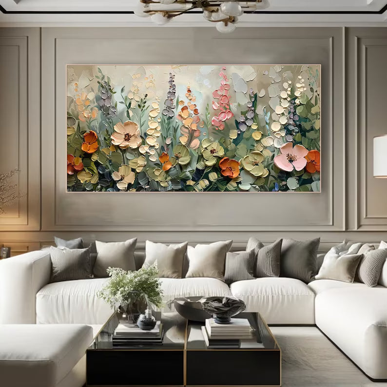 Garden Symphony – Textured Floral Modern Oil Painting, Blooming Flowers Wall Art for Home Decoration