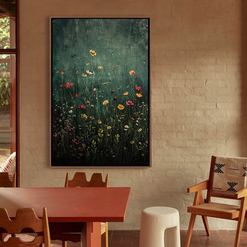 Midnight Bloom-Colorful Wildflowers Oil Painting on Dark Green Background - Nature Floral Wall Art for Home Decoration