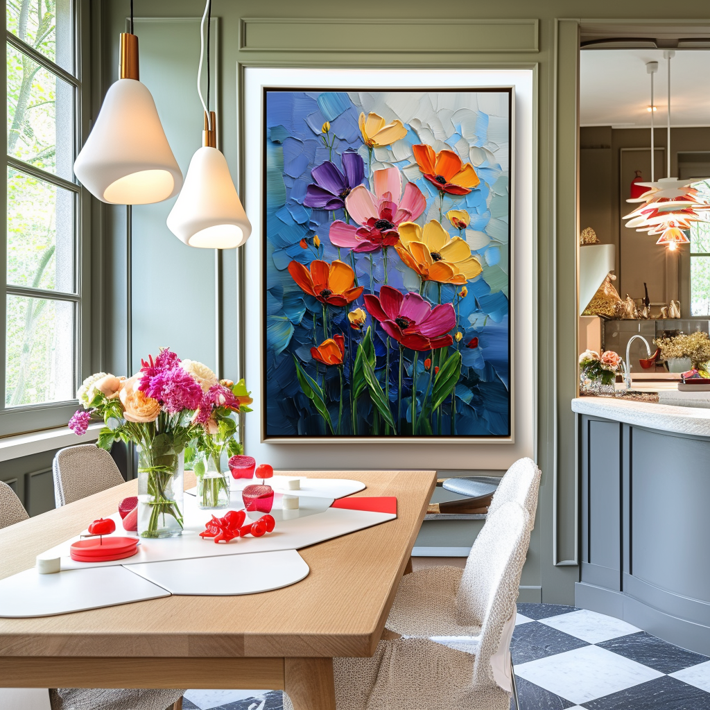 Midnight Bloom – Impasto Flower Oil Painting, Colorful Poppies on Blue Background Wall Art for Living Room