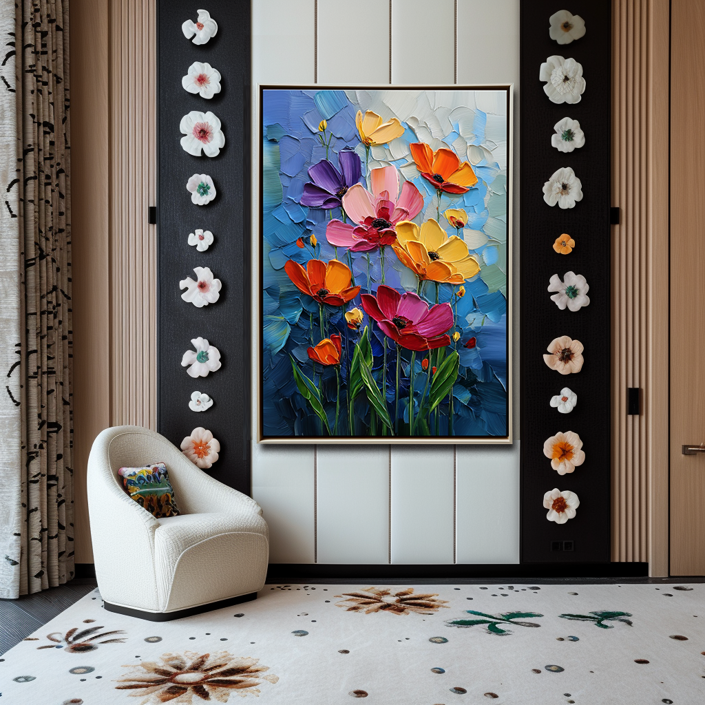Midnight Bloom – Impasto Flower Oil Painting, Colorful Poppies on Blue Background Wall Art for Living Room