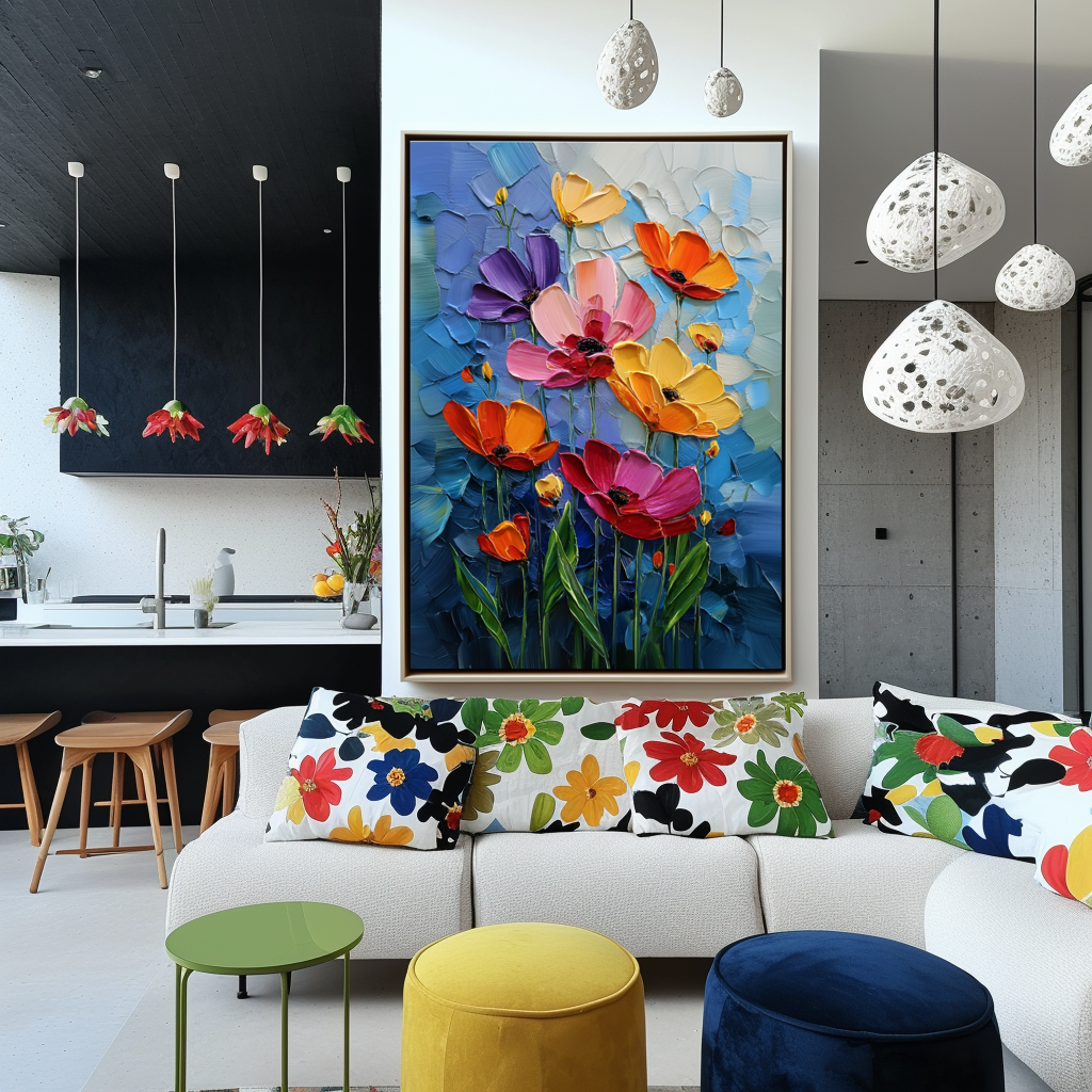 Midnight Bloom – Impasto Flower Oil Painting, Colorful Poppies on Blue Background Wall Art for Living Room