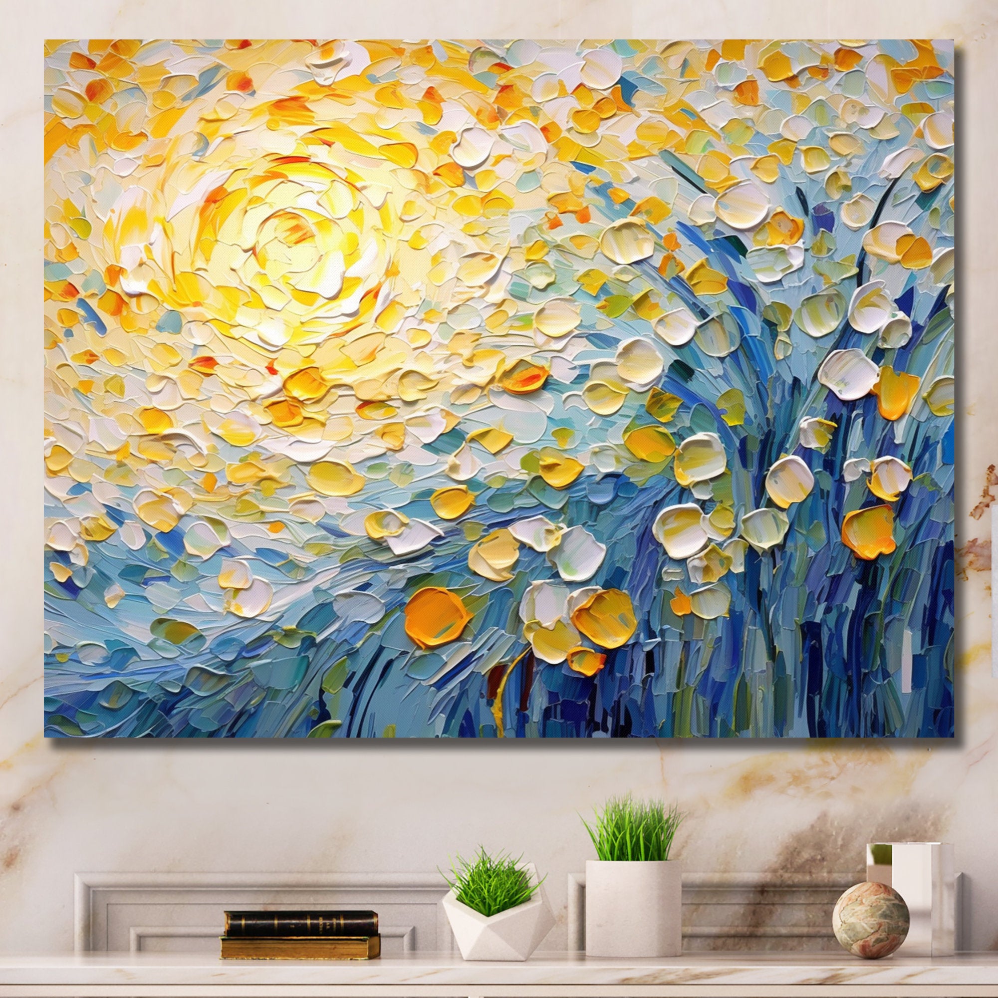 Sunlit Whispers-Impressionist Flower Oil Painting with Vibrant Yellow & Blue Hues, Textured Brushstrokes Wall Art for Home Decor
