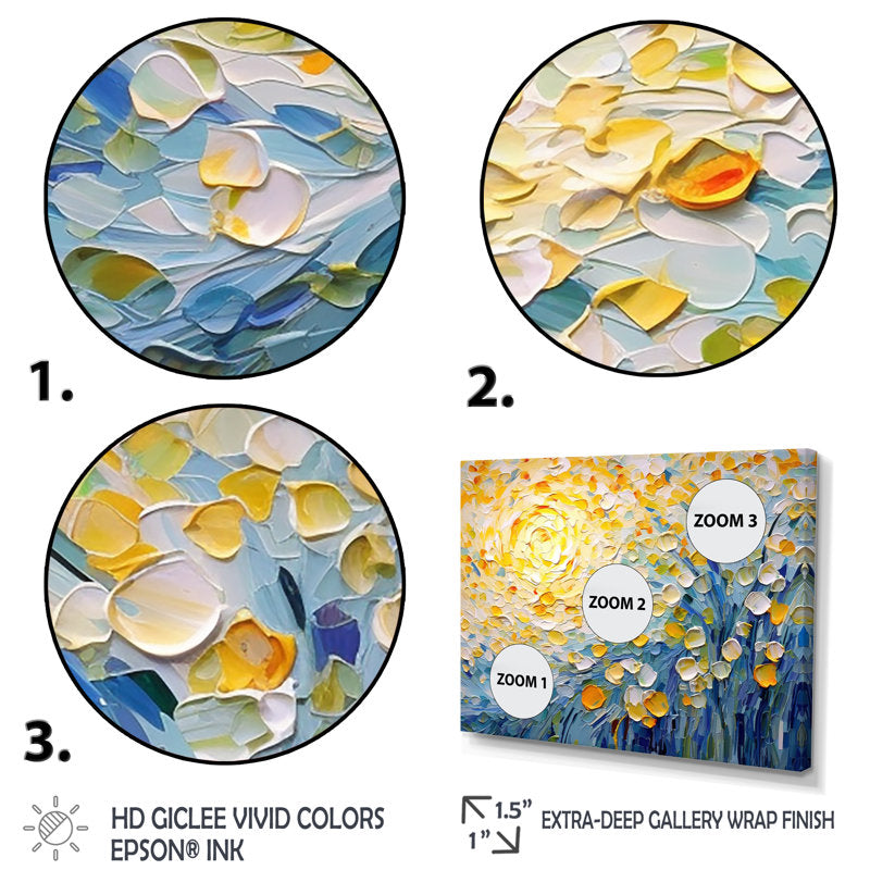 Sunlit Whispers-Impressionist Flower Oil Painting with Vibrant Yellow & Blue Hues, Textured Brushstrokes Wall Art for Home Decor