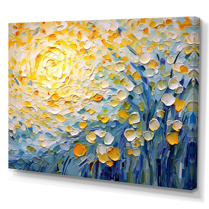 Sunlit Whispers-Impressionist Flower Oil Painting with Vibrant Yellow & Blue Hues, Textured Brushstrokes Wall Art for Home Decor