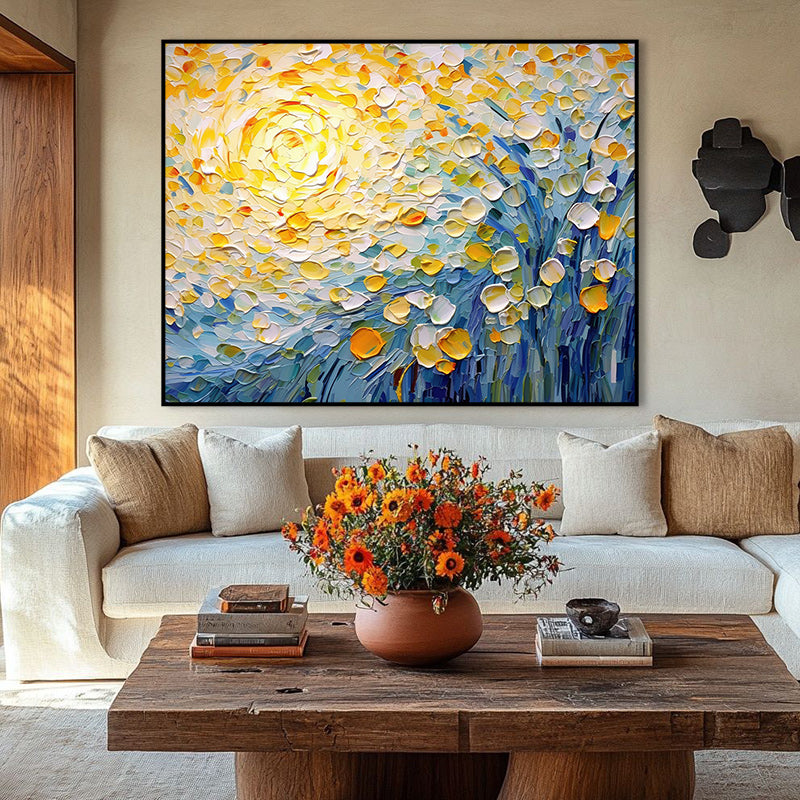 Sunlit Whispers-Impressionist Flower Oil Painting with Vibrant Yellow & Blue Hues, Textured Brushstrokes Wall Art for Home Decor