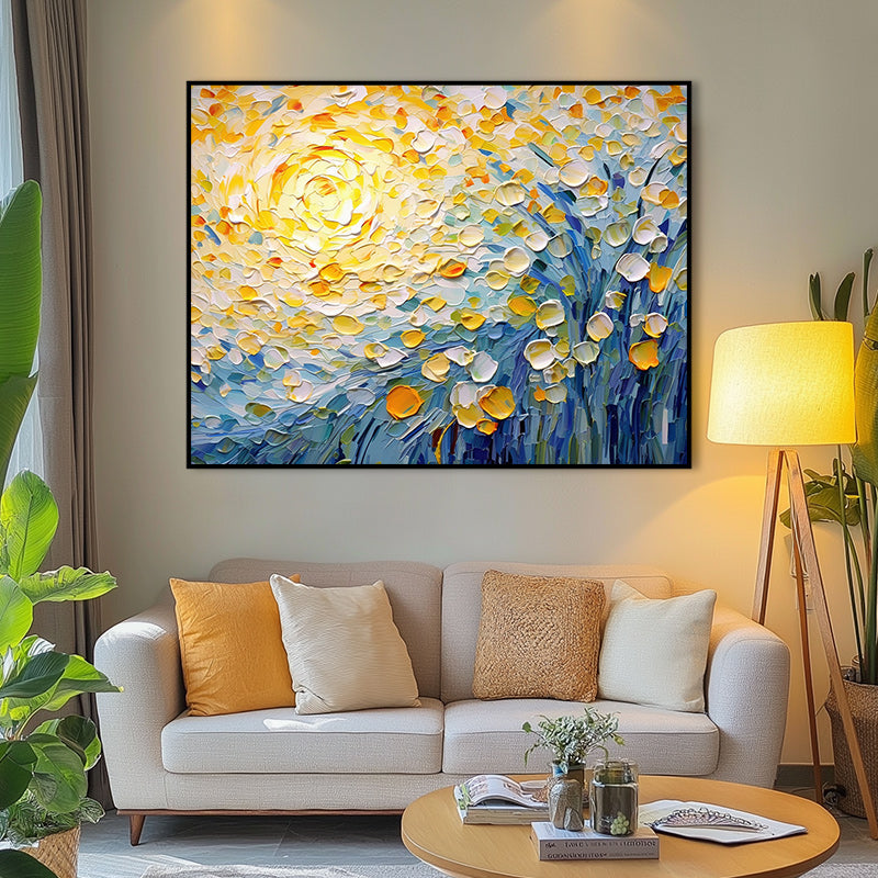 Sunlit Whispers-Impressionist Flower Oil Painting with Vibrant Yellow & Blue Hues, Textured Brushstrokes Wall Art for Home Decor