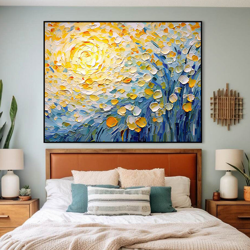 Sunlit Whispers-Impressionist Flower Oil Painting with Vibrant Yellow & Blue Hues, Textured Brushstrokes Wall Art for Home Decor