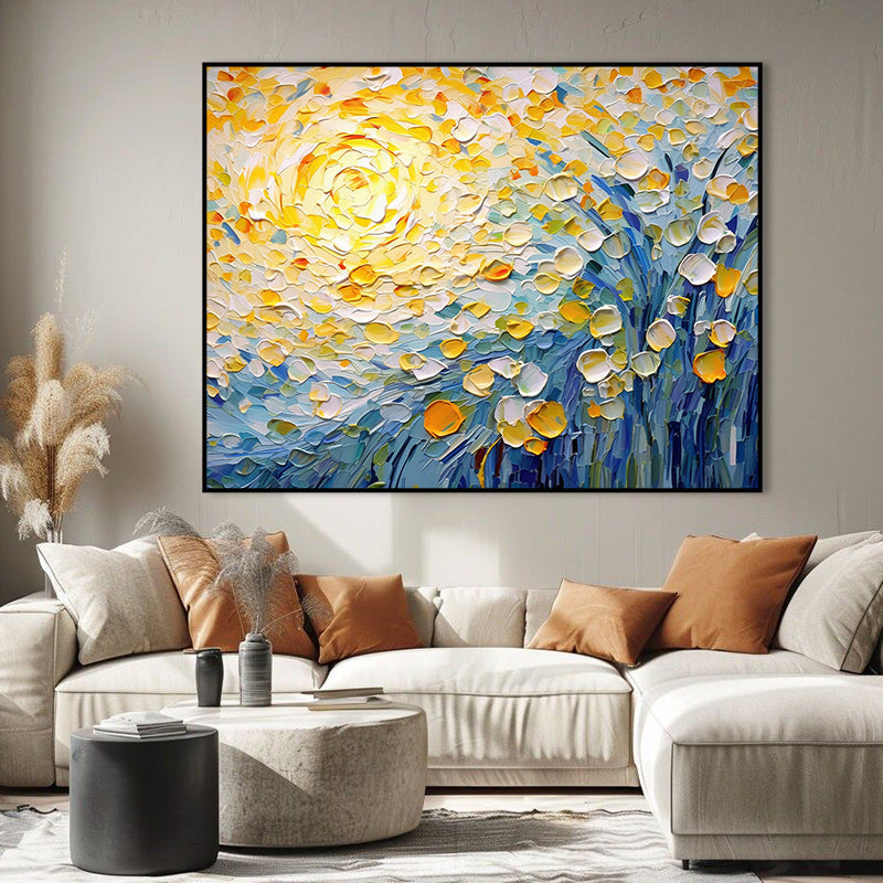 Sunlit Whispers-Impressionist Flower Oil Painting with Vibrant Yellow & Blue Hues, Textured Brushstrokes Wall Art for Home Decor