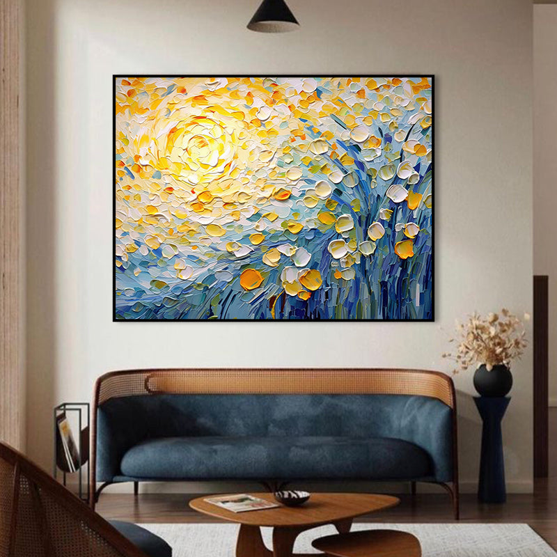 Sunlit Whispers-Impressionist Flower Oil Painting with Vibrant Yellow & Blue Hues, Textured Brushstrokes Wall Art for Home Decor