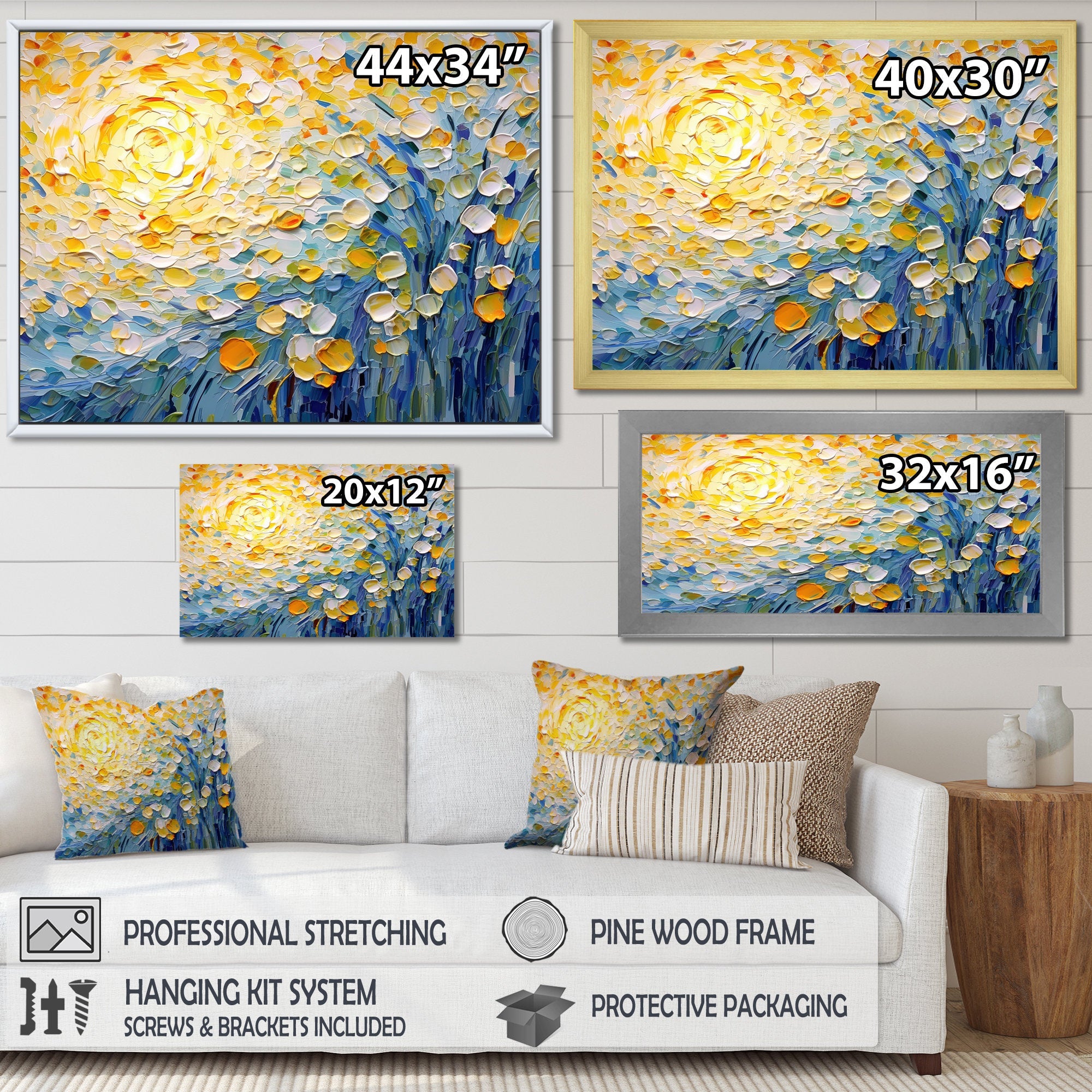 Sunlit Whispers-Impressionist Flower Oil Painting with Vibrant Yellow & Blue Hues, Textured Brushstrokes Wall Art for Home Decor
