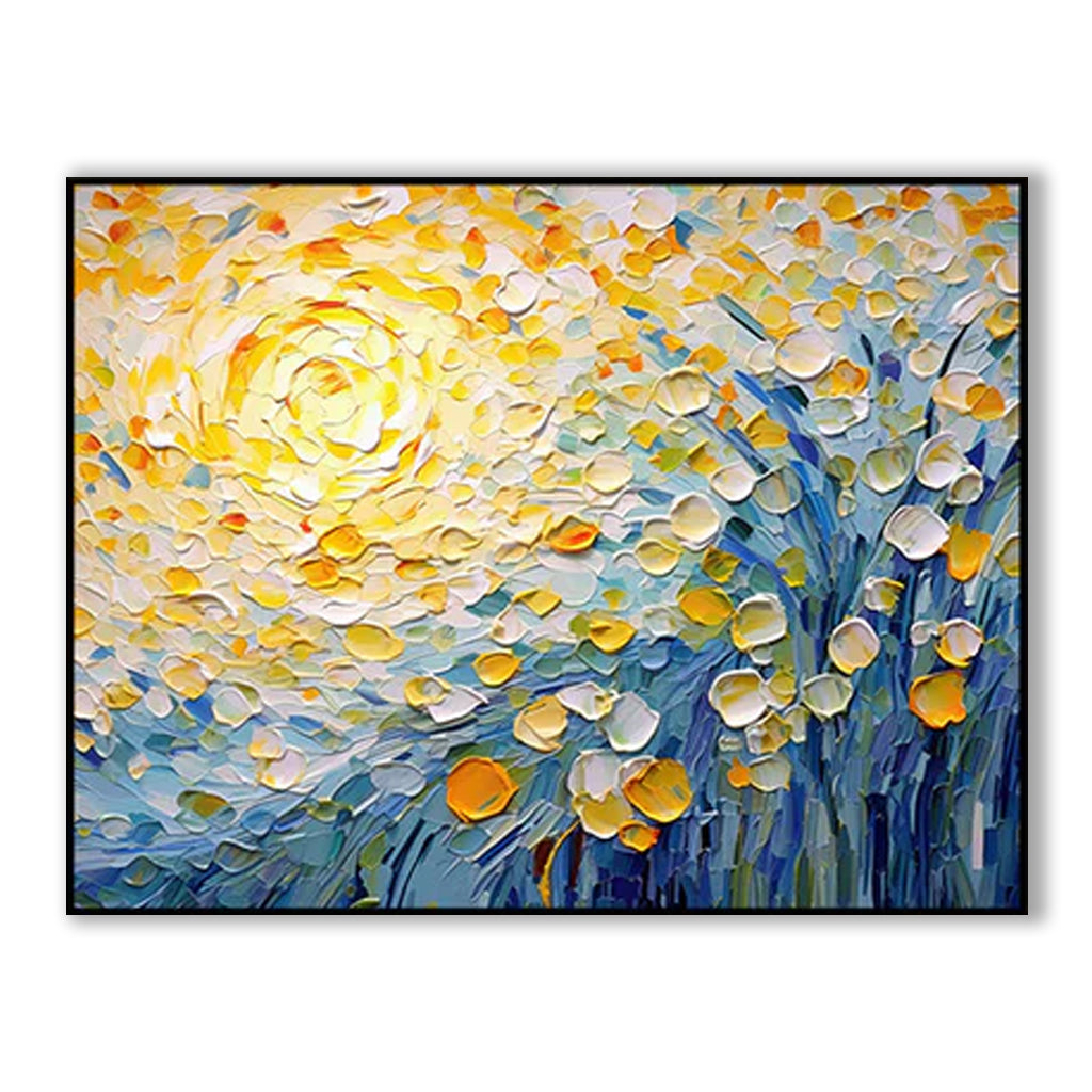 Sunlit Whispers-Impressionist Flower Oil Painting with Vibrant Yellow & Blue Hues, Textured Brushstrokes Wall Art for Home Decor