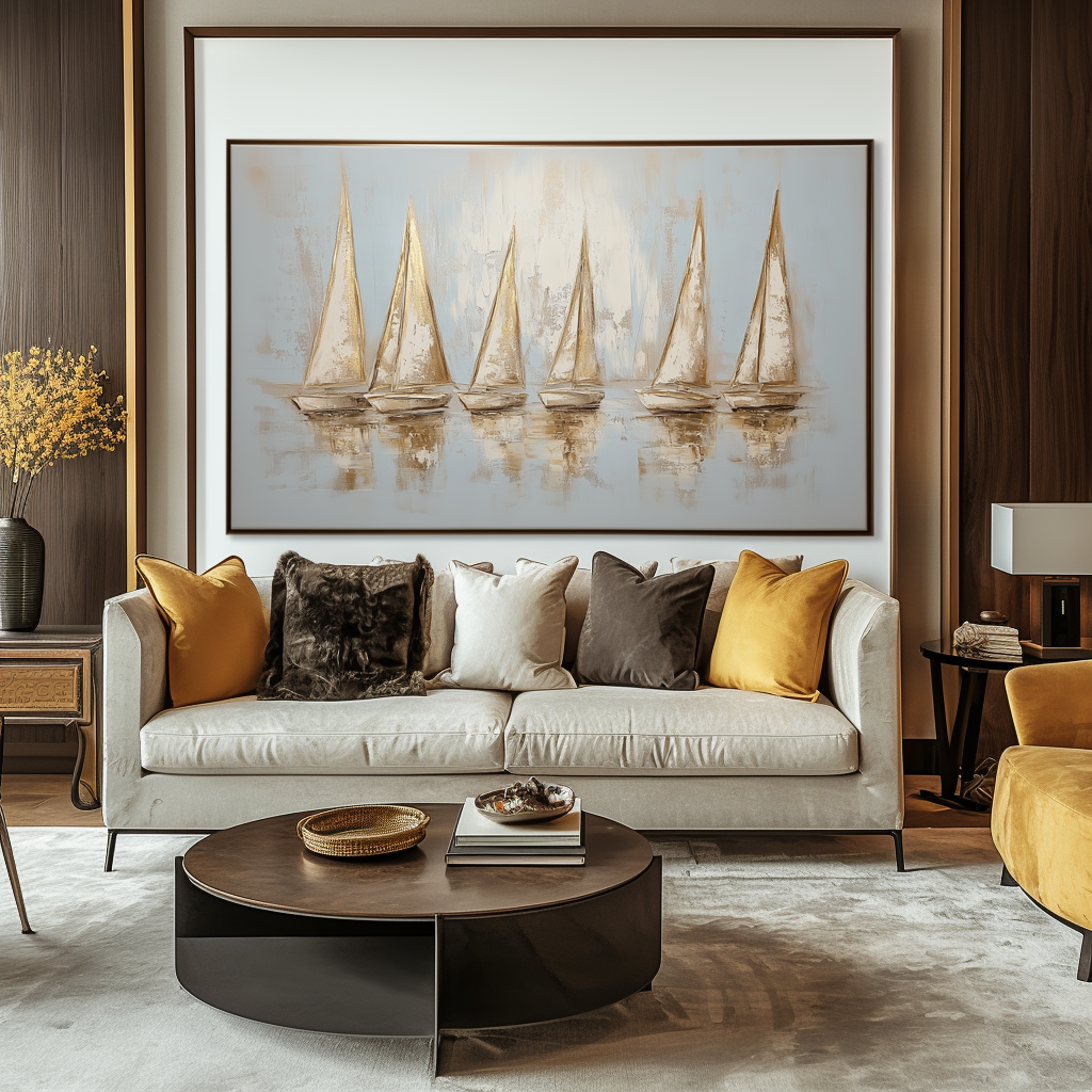 Golden Regatta – Abstract Textured Sailing Boats Oil Painting: Serene Water Reflection Art for Home Decoration