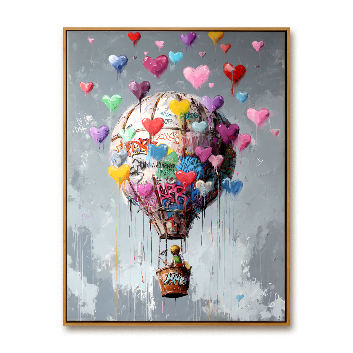 Hot air balloon painting with colorful hearts and a child floating in the sky