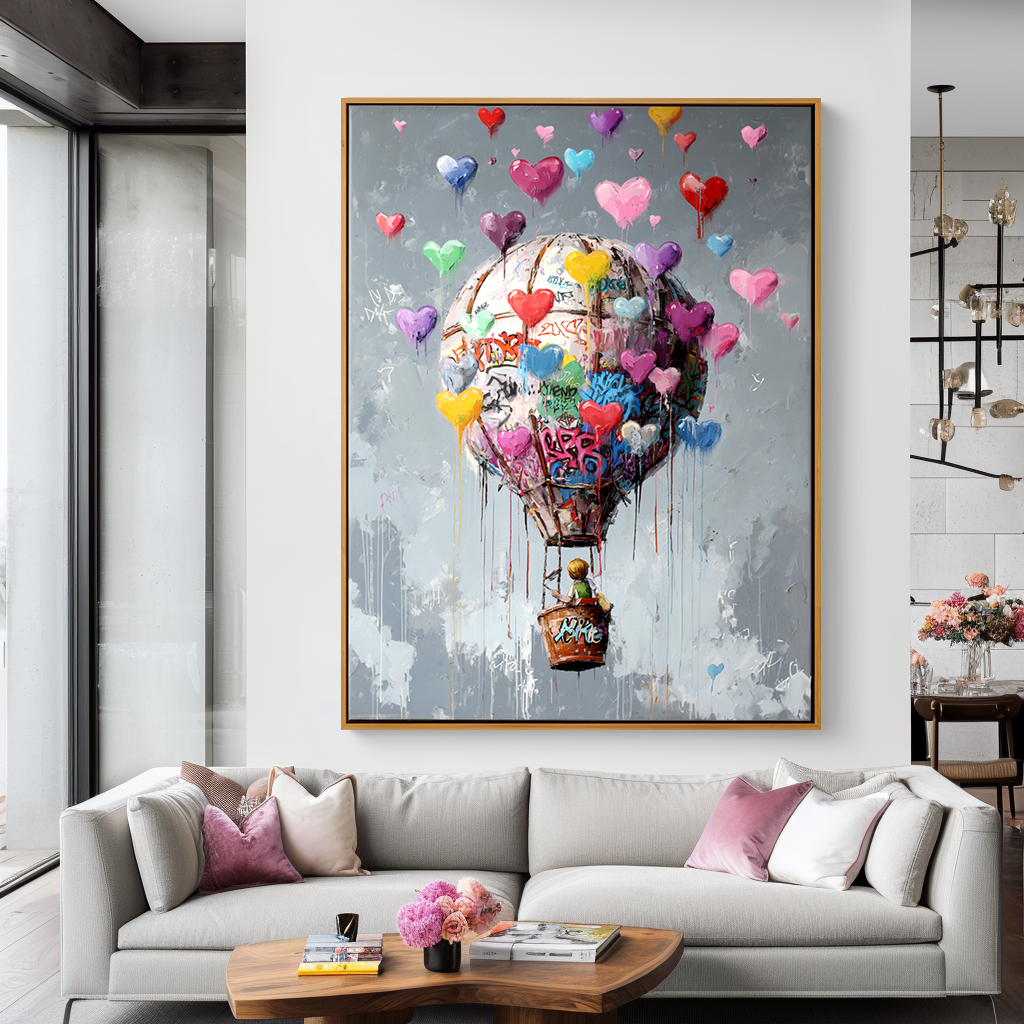 Hot air balloon painting with colorful hearts and a child floating in the sky