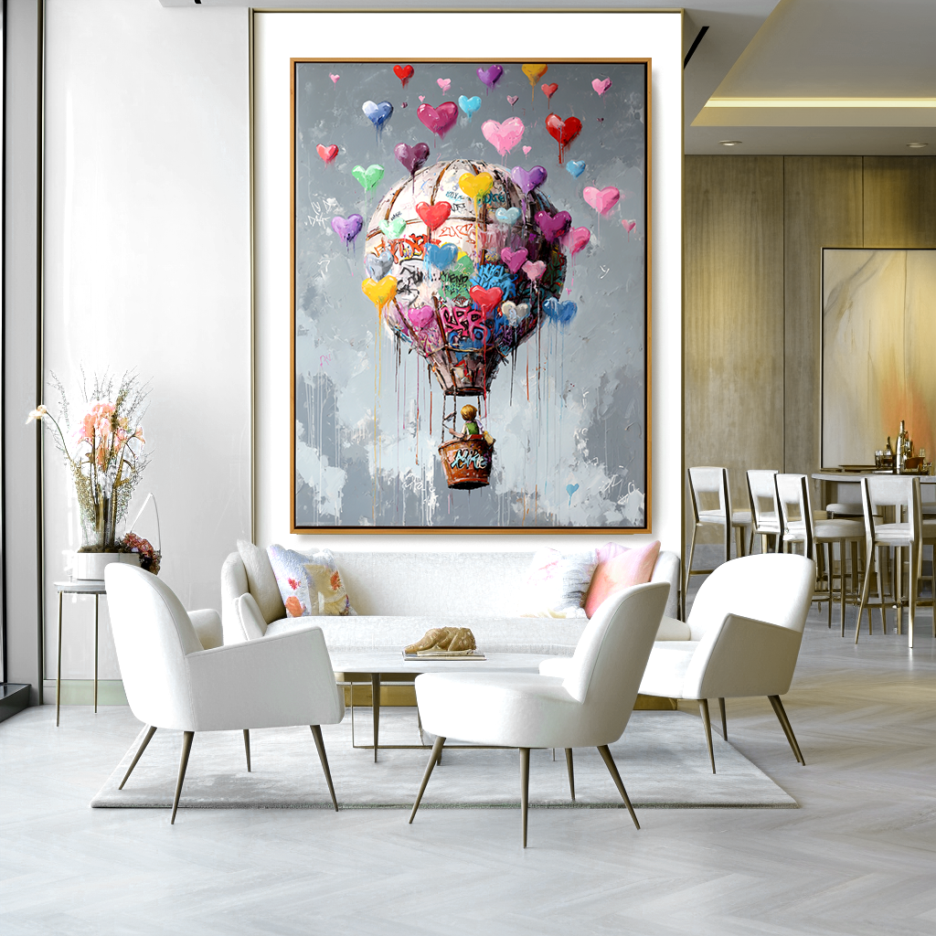 Hot air balloon painting with colorful hearts and a child floating in the sky