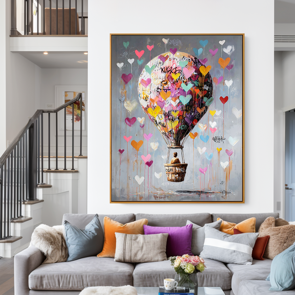 Hot air balloon painting with colorful hearts floating in a gray sky