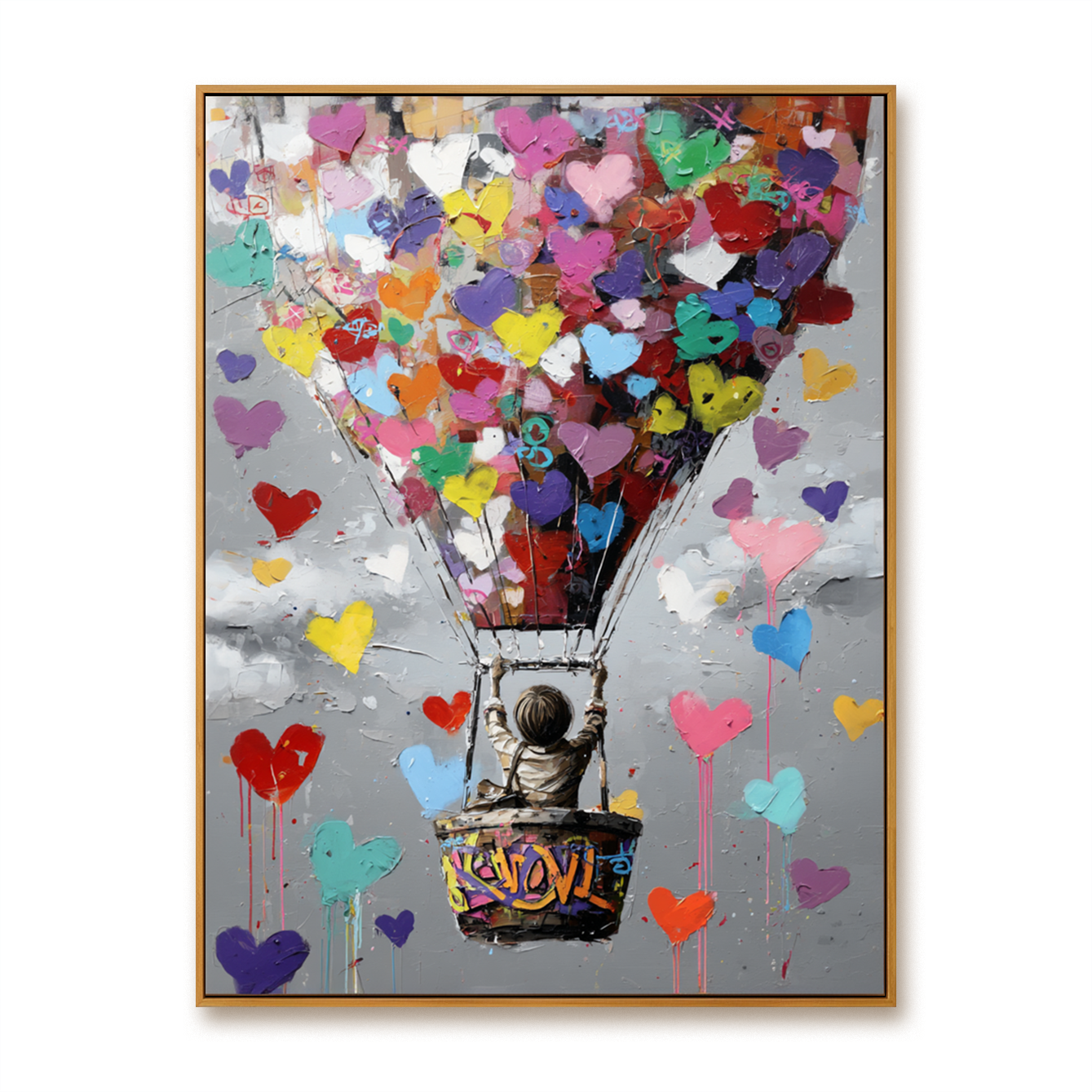 Colorful hot air balloon painting with hearts and a child floating in the sky