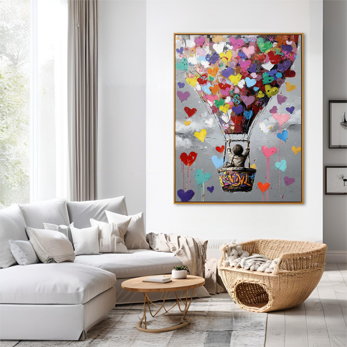 Colorful hot air balloon painting with hearts and a child floating in the sky